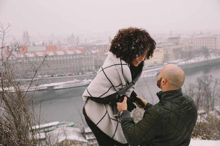 snowy surprise proposal prague