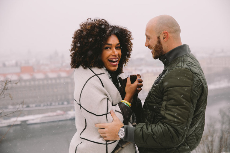 snowy surprise proposal prague